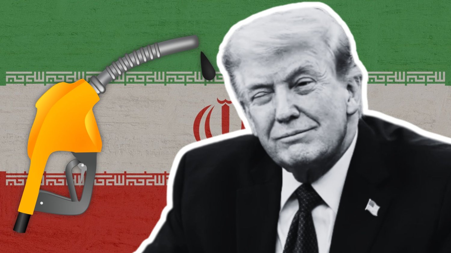 Donald Trump na tle flagi Iranu i grafiki pistoletu z benzyną