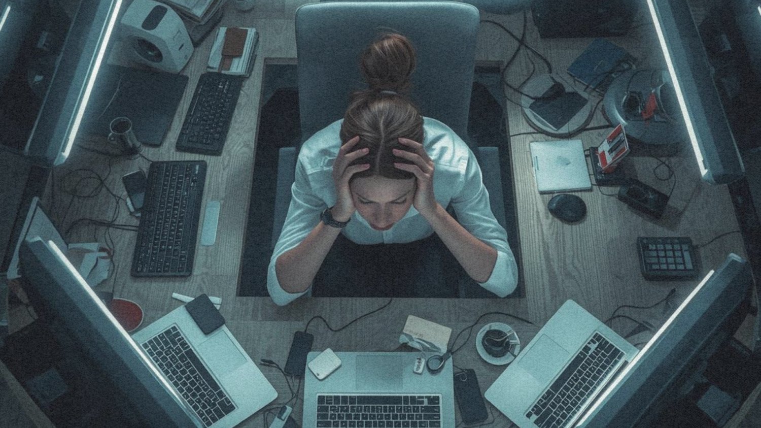 Zestresowana kobieta otoczona laptopami. Technostres dotyczy coraz więcej osób