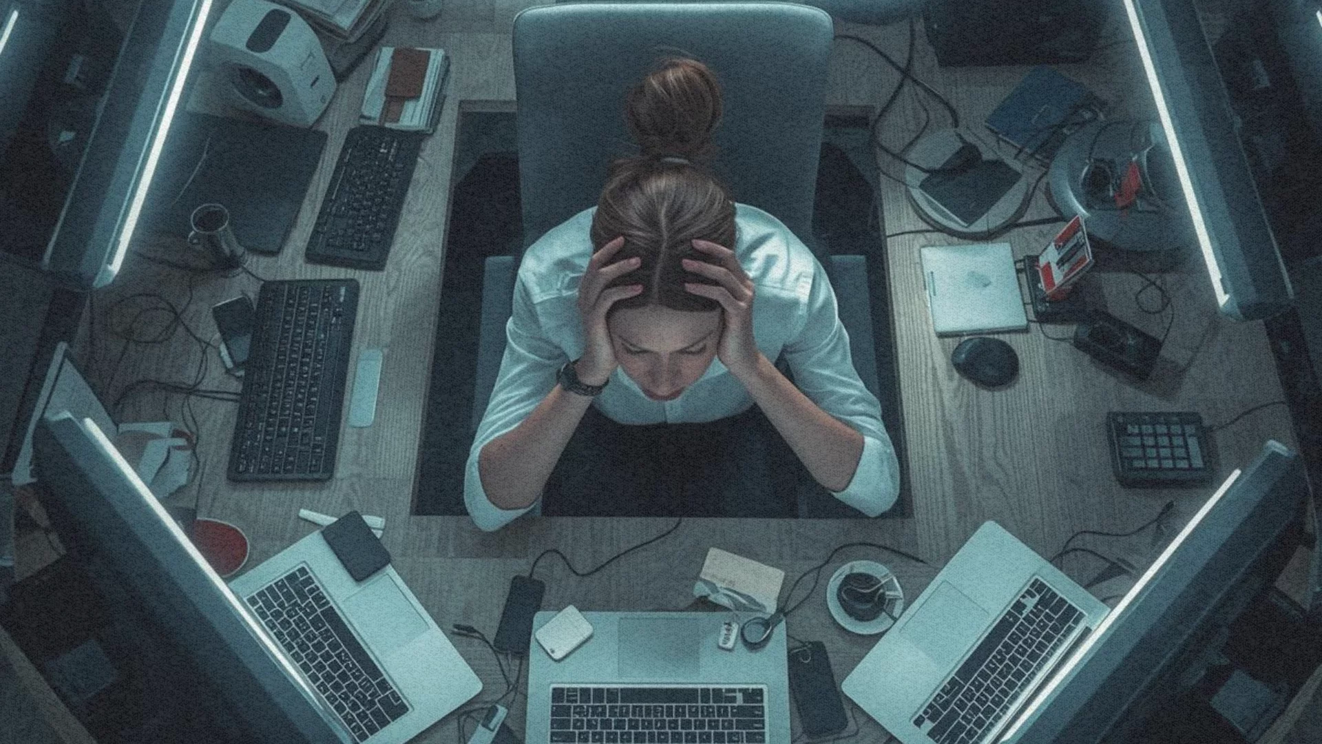 Zestresowana kobieta otoczona laptopami. Technostres dotyczy coraz więcej osób