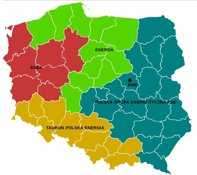 Polska podzielona jest pomiędzy cztery duże spółki energetyczne.