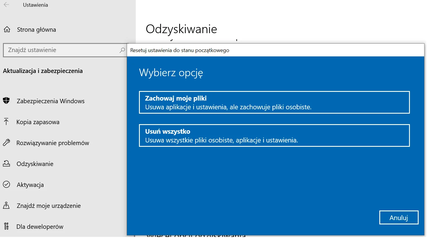 Przywracanie systemu w Windows 10
