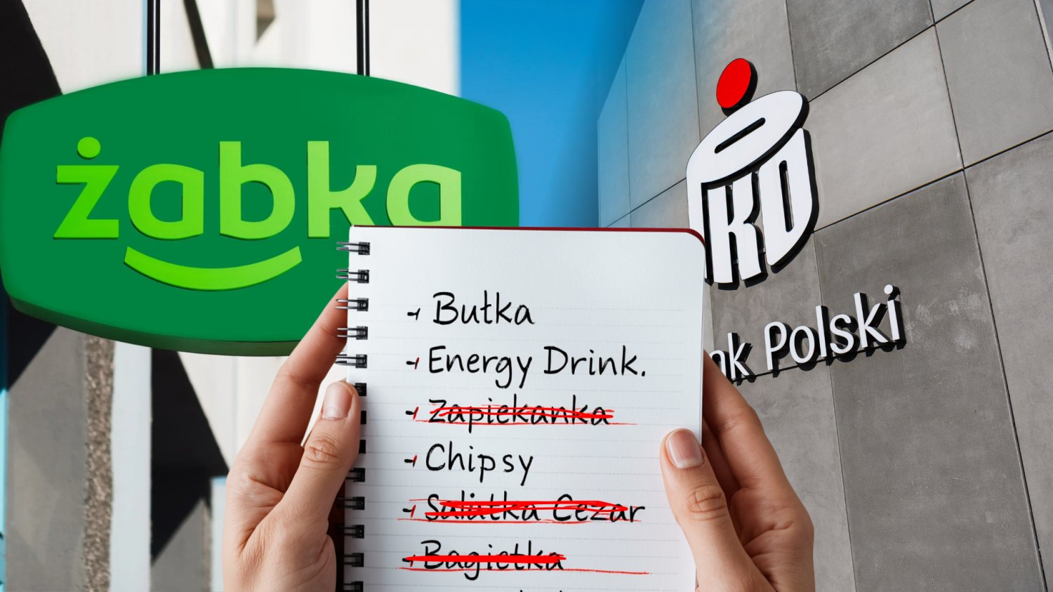 Żabka i PKO BP łączą zakupy z finansami. Opcja "na zeszyt" wraca w nowej odsłonie Sklep Żabka, budynek banku PKO BP. Lista zakupów i wykreślone przedmioty z listy.