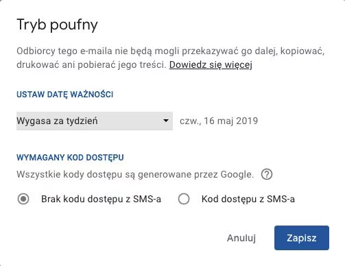 Tryb poufny zapewnia większą kontrolę nad wysyłanymi wiadomościami.