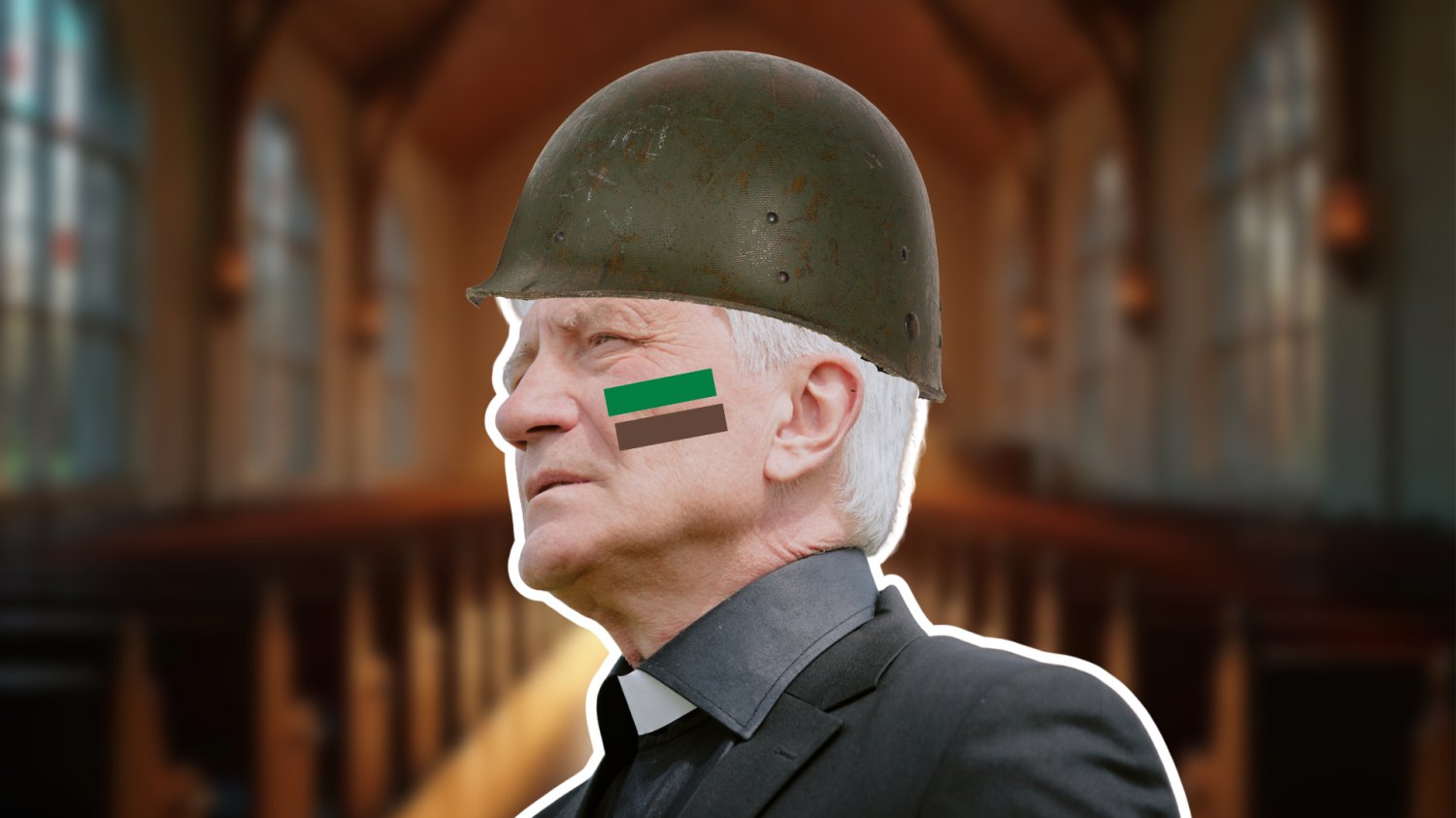 Ksiądz w barwach wojennych z hełmem na głowie.