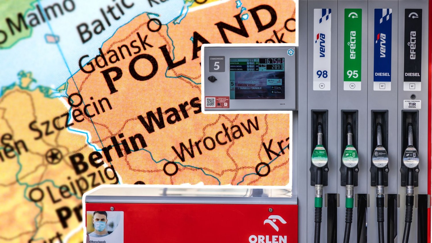 Dystrybutor stacji Orlen na tle mapy Polski.