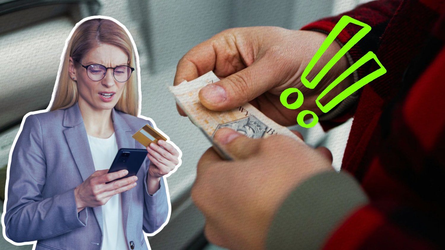 Sfrustrowana kobieta z telefonem i kartą płatniczą oraz człowiek wyciągający gotówkę z bankomatu. Od piątku do niedzieli chaos w bankach. Tak rozkładają się utrudnienia dzień po dniu
