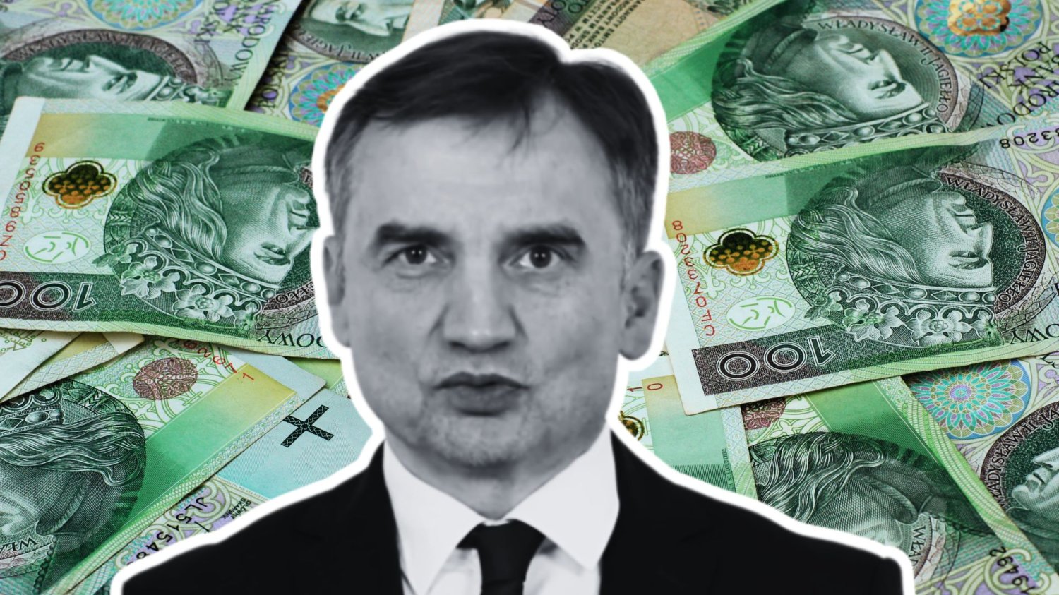 Zbigniew Ziobro na tle banknotów stuzłotowych