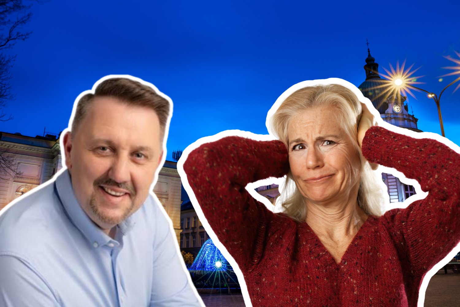 Bielsko-Biała, Jarosław Klimaszewski i zatroskana kobieta zasłania uszy.