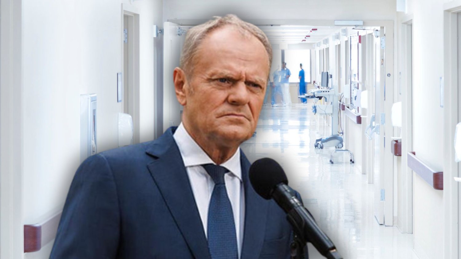 E-kolejka, limity, koniec spółek. Rewolucja u lekarza jeszcze w tym roku. Donald Tusk, w tle korytarz szpitalny.