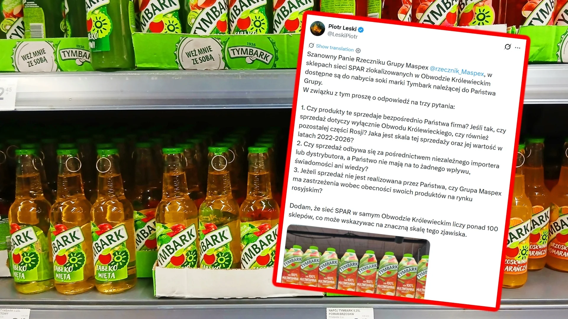 Polski Tymbark na pólkach w Rosji. Maspex tłumaczy, jak to możliwe Butelki napoju tymbark na półkach w sklepie. Screenshot z platformy x.com.
