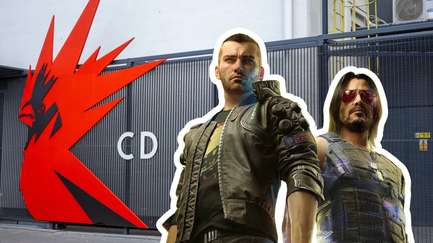 budynek cd projekt, postaci z Cyberpunka 2077