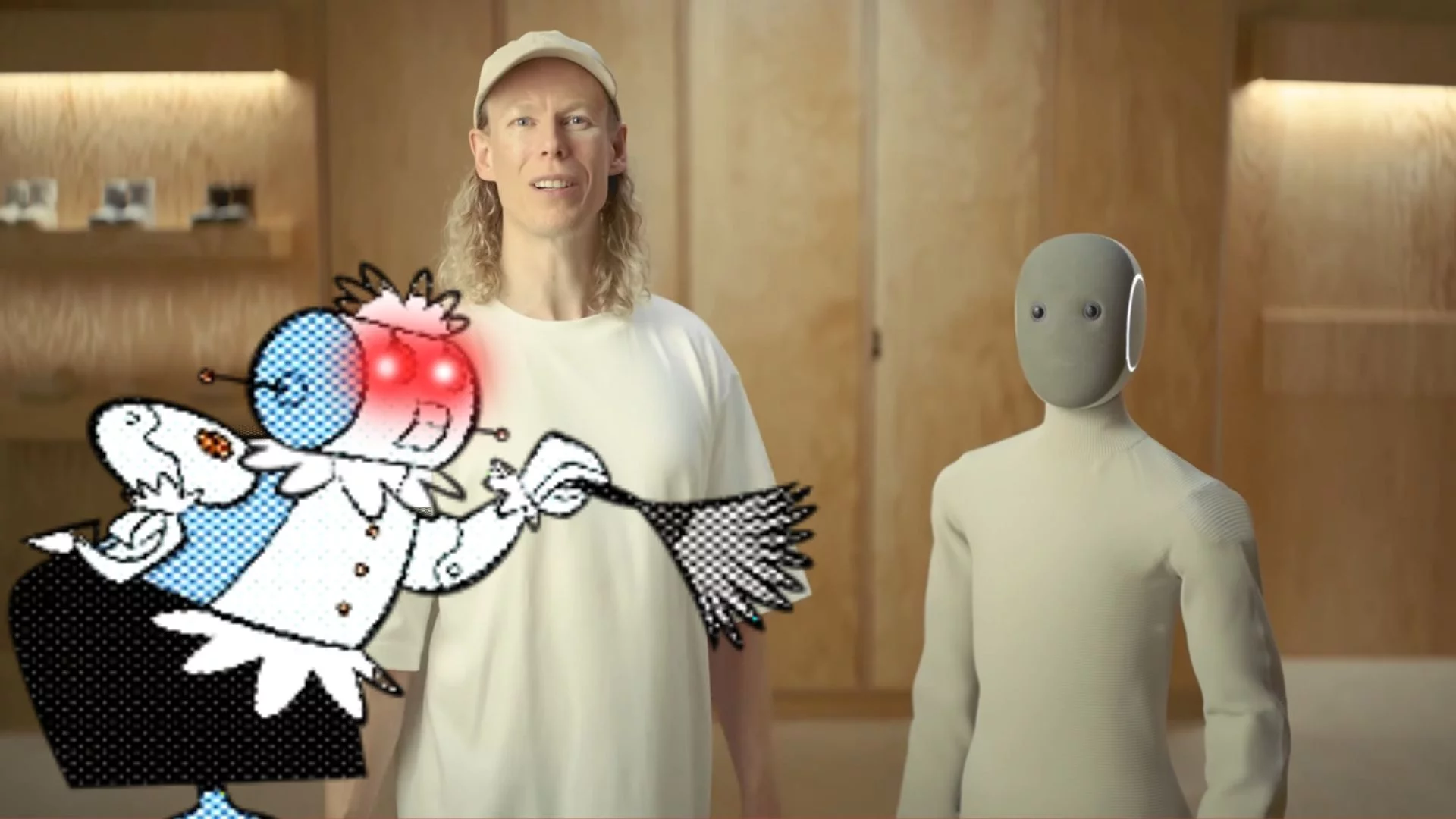 Bernt Børnich z 1X, Rosie z Jetsonów i robot NEO. Humanoidalna maszyna może być sterowana zdalnie w domu klienta przez pracownika firmy.