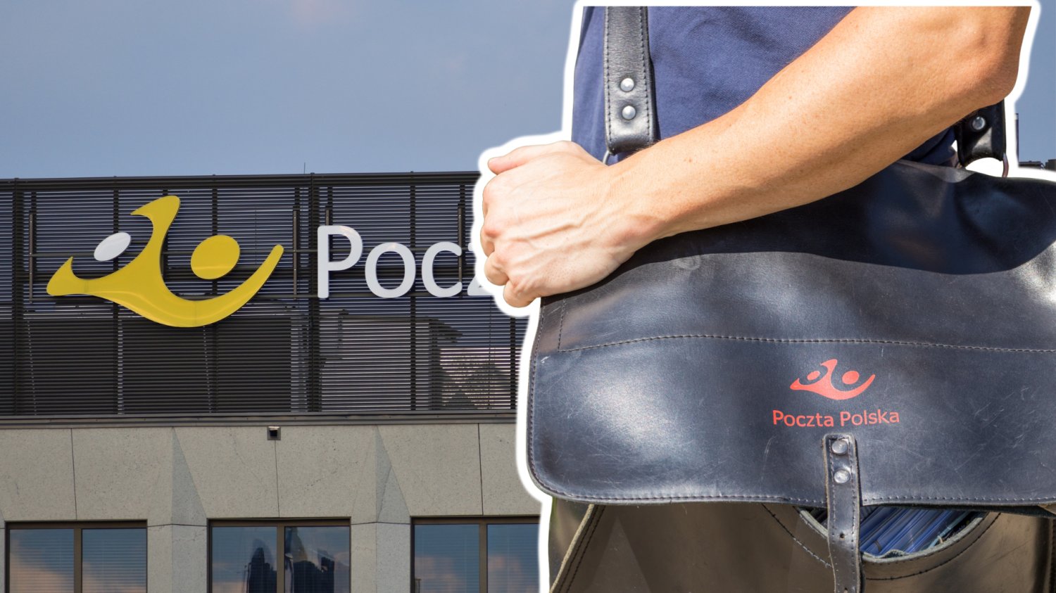 Listonosz z torbą z napisem Poczta Polska. W tle budynek poczty polskiej.