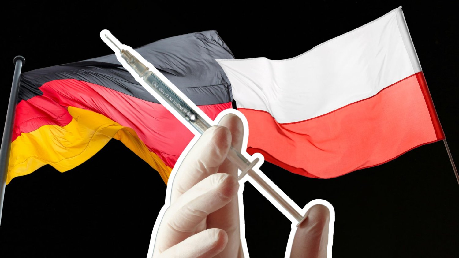 Strzykawka na tle flagi Polski i Niemiec.