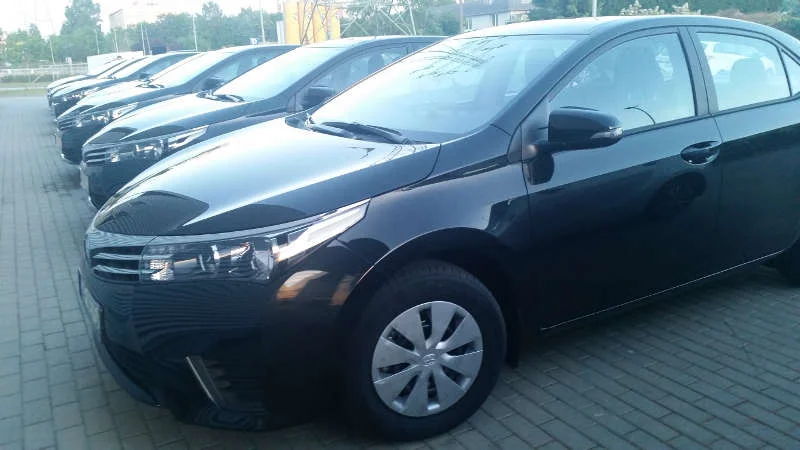 Flota samochodów Toyota Corolla należących do firmy.