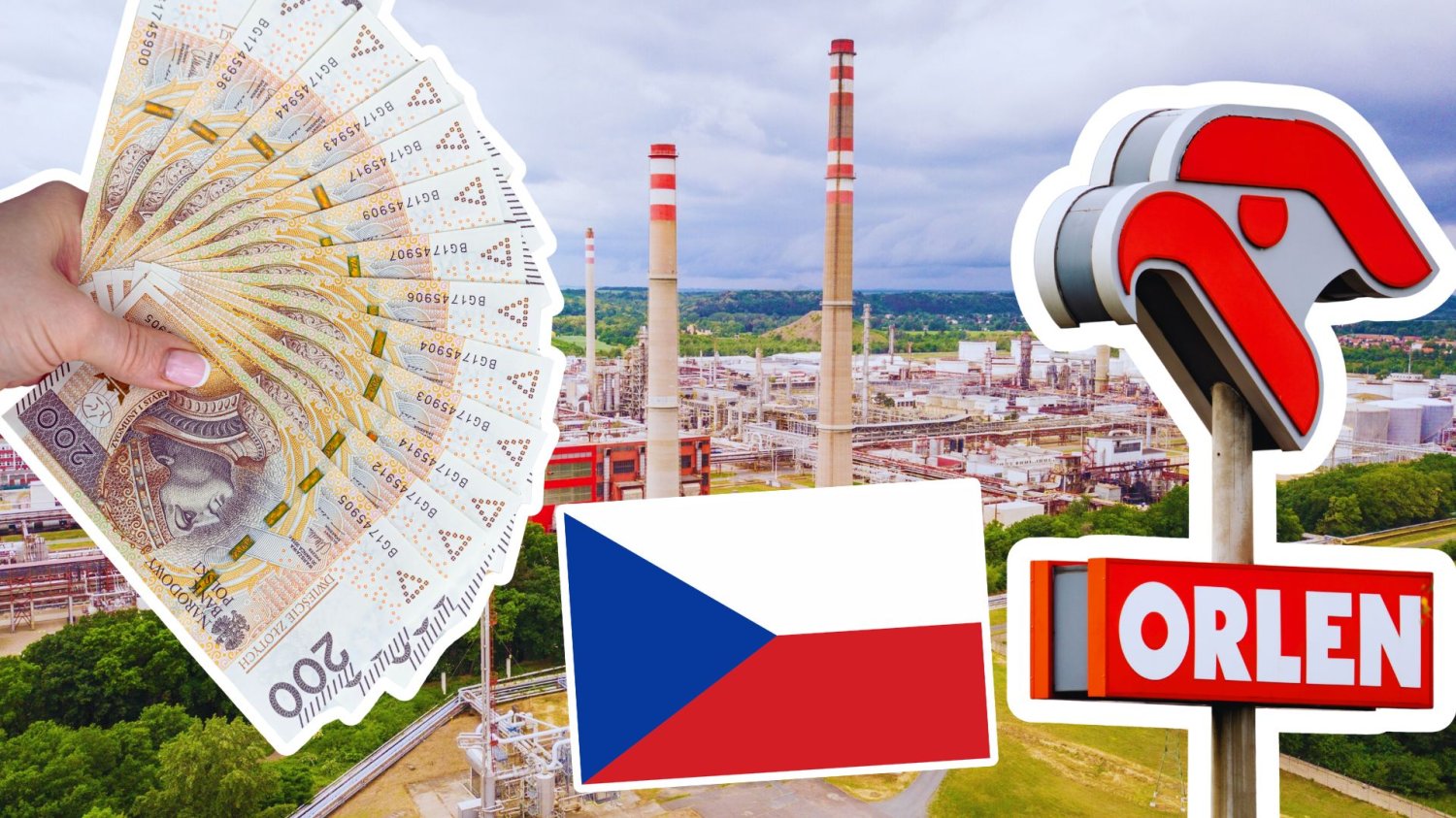 Rafineria Orlenu w Czechach wstrzymuje produkcję. Dostanie zawrotną kwotę 340 mln zł na rozwój Rafineria w Czechach, flaga Czech, znak Orlenu oraz ręka z banknotami 200 złotych. Rafineria Orlenu w Czechach wstrzymuje produkcję. Czekają ją modernizacja za grube miliony