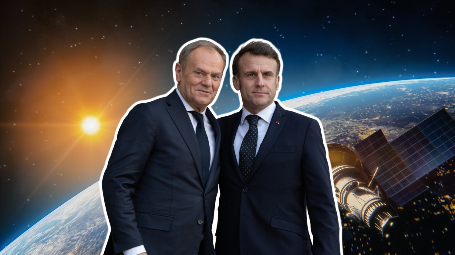 Tusk i Macron. W tle kosmos i satelita wojskowa.