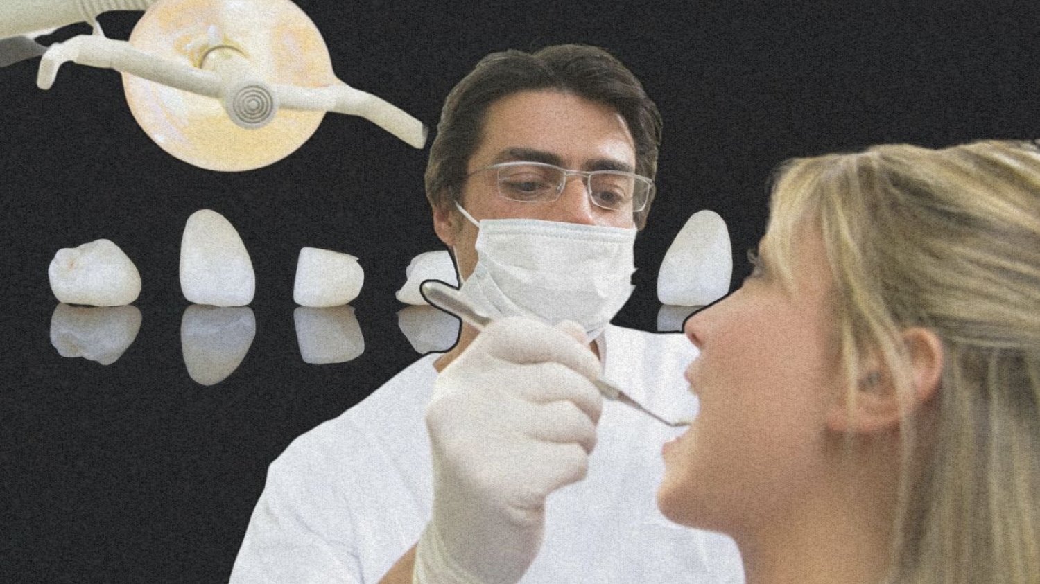 Dentysta w pacy na tle koronek.