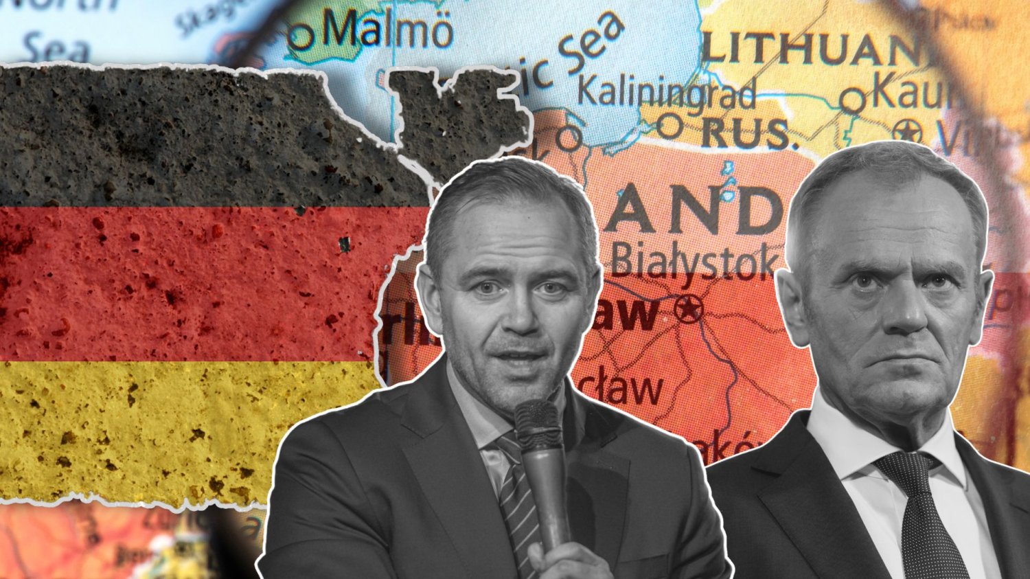Niemcy przestały być dla Polaków wzorem. Za to zachód boli, aby mieć nas za partnerów Zniekształcona flaga Niemiec, mapa Polski, prezydent Karol Nawrocki i premier Donald Tusk.