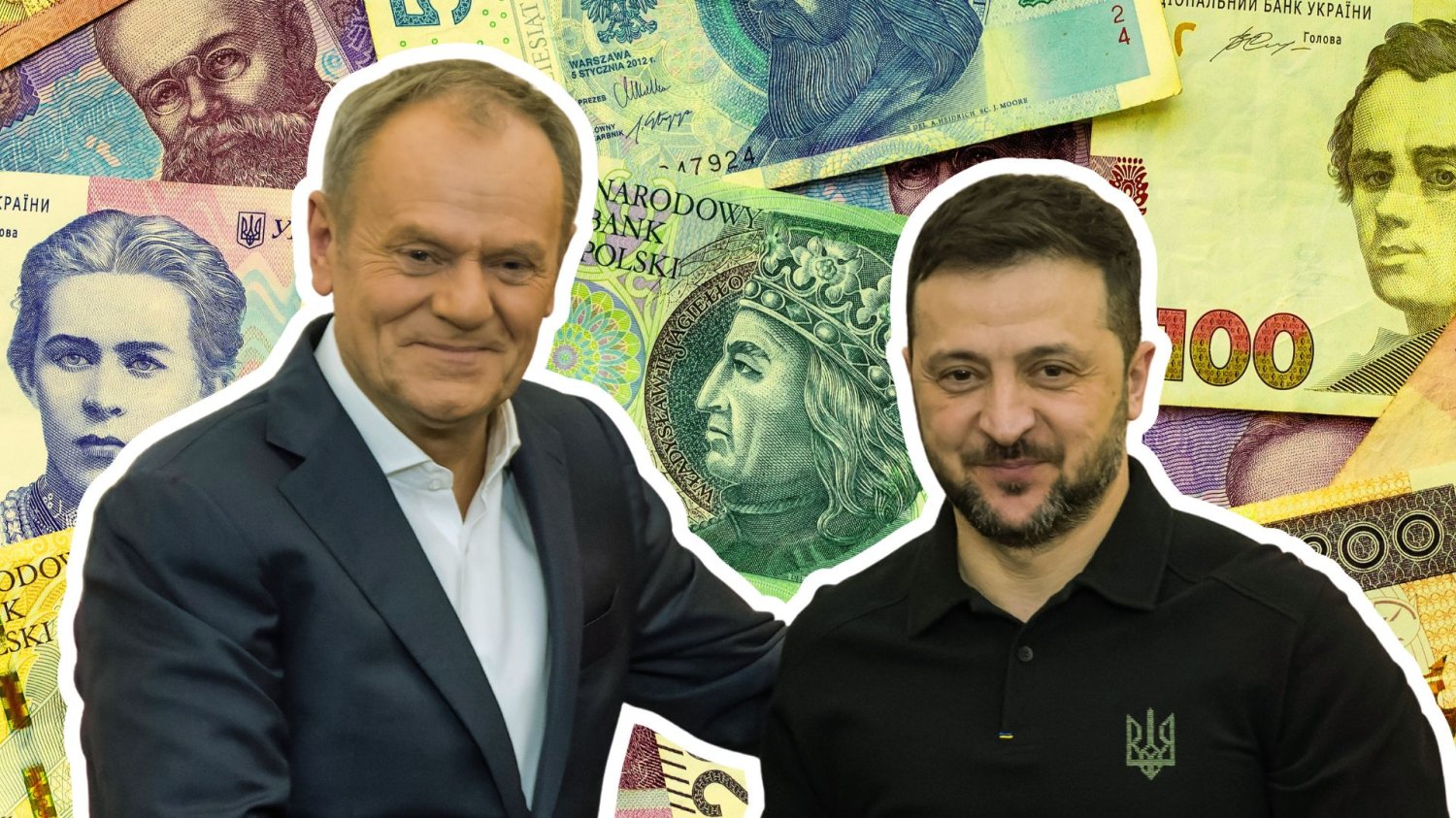 Donald Tusk i Wolodymyr Zełenski na tle banknotów polskich złotych i hrywien. Polska chce przejąć bank w Ukrainie. To będzie ogromne wsparcie dla polskich firm