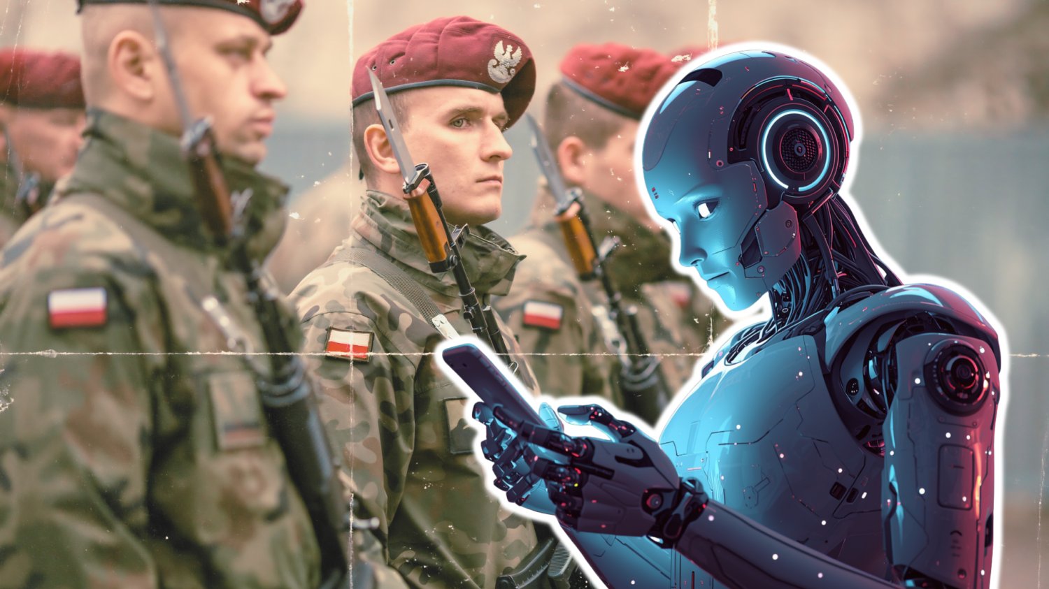 Polska armia ma własną platformę AI. MON chce mieć pełną kontrolę nad danymi Żołnierze polscy w mundurach i z karabinami na baczność. Obok robot obsługujący smartfon.