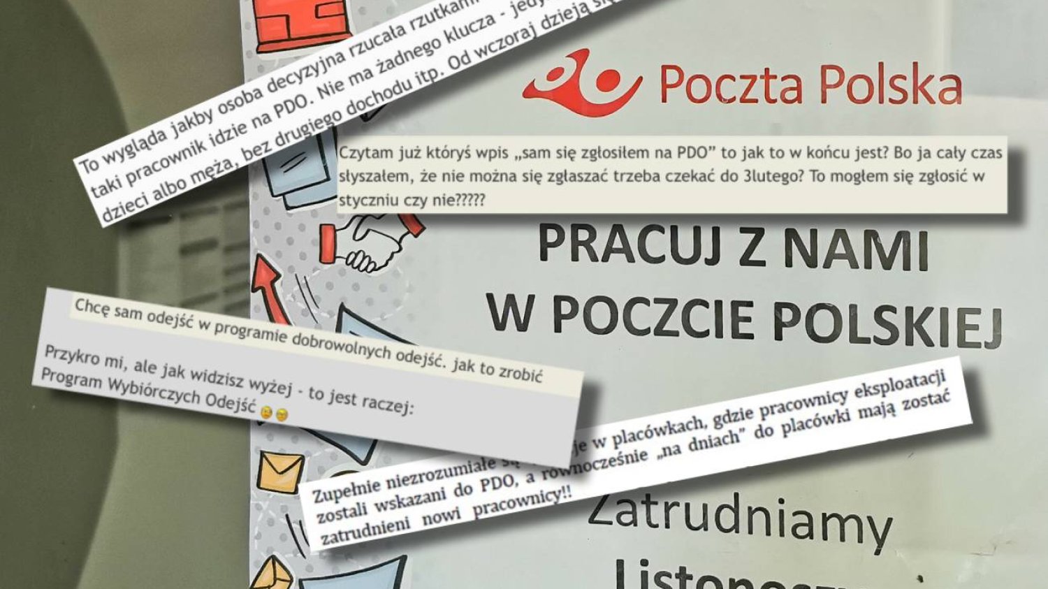 Ogłoszenie Poczty Polskiej i fragmenty z komunikacji wewnętrznej pracowników Poczty Polskiej.