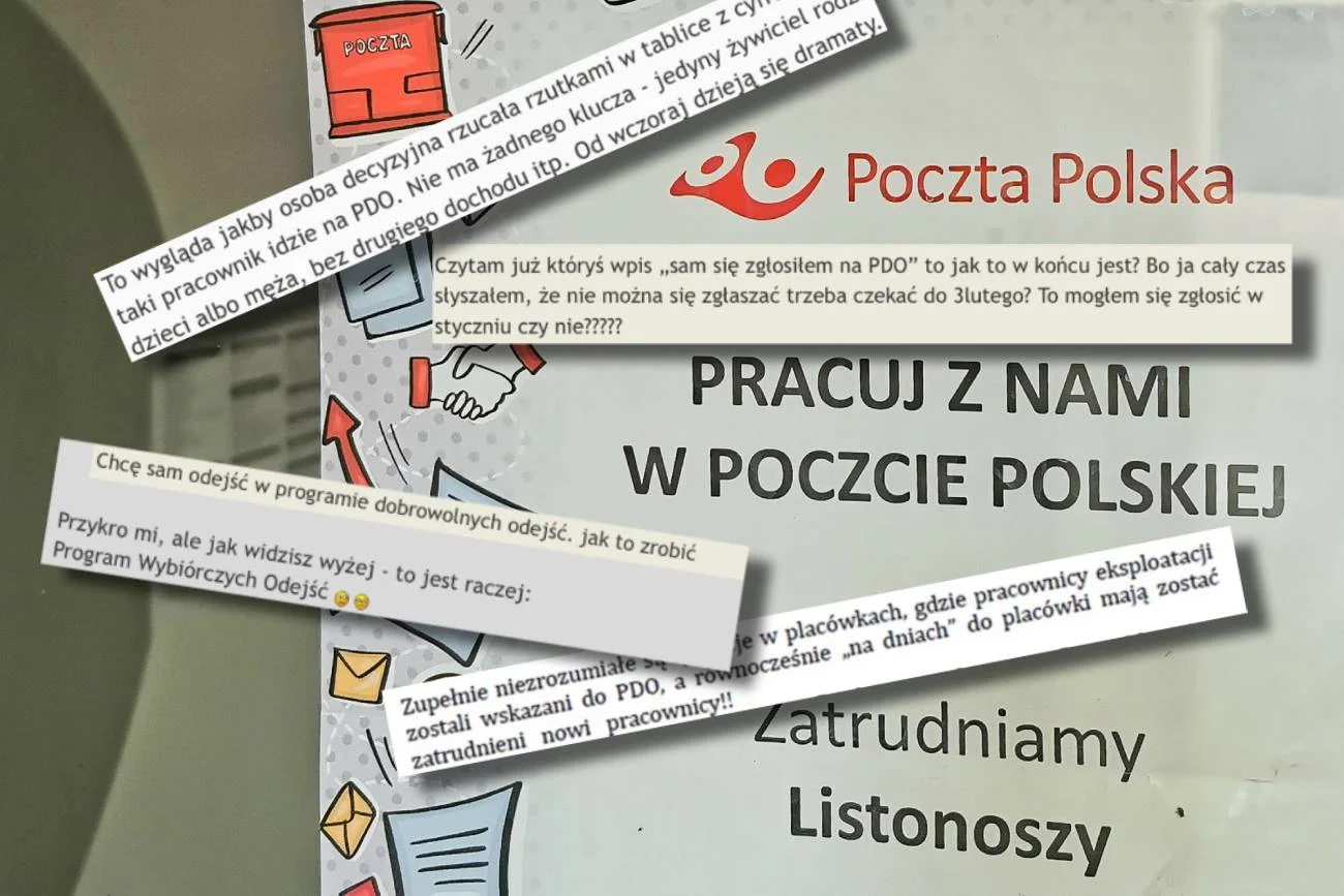 Ogłoszenie Poczty Polskiej i fragmenty z komunikacji wewnętrznej pracowników Poczty Polskiej.