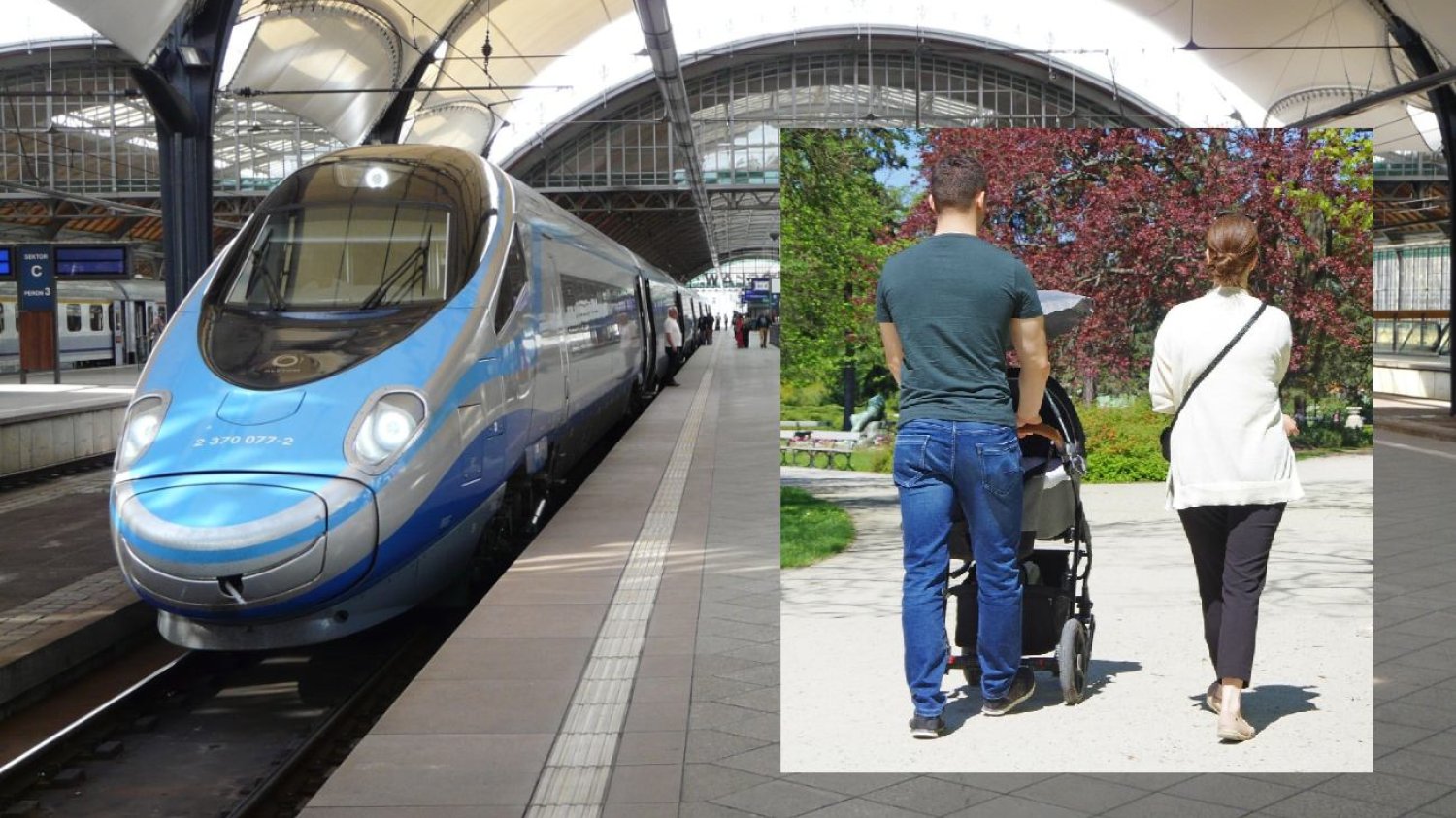 Pociąg PKP Intercity, ojciec, matka, wózek dziecięcy.