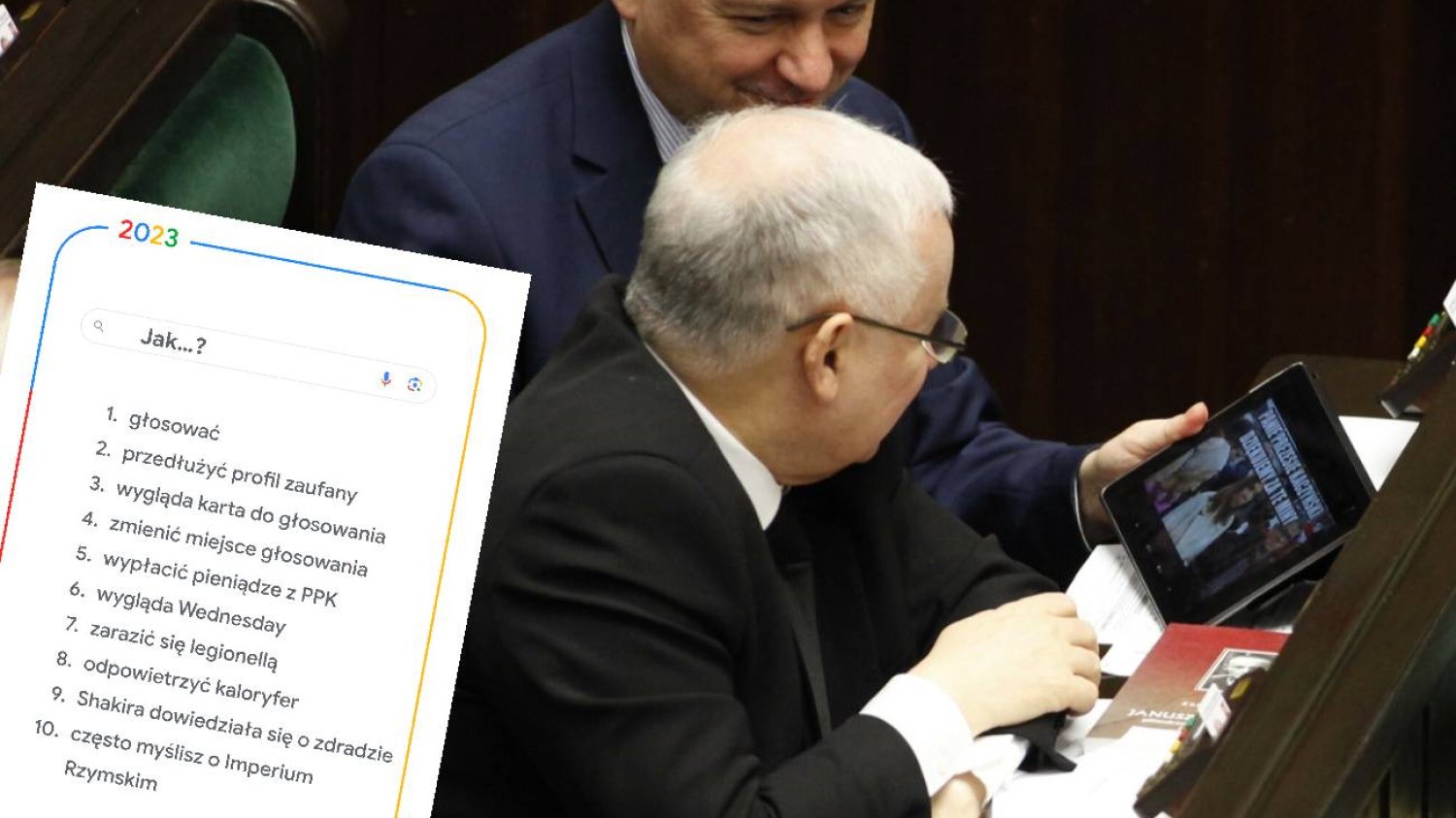 Jarosław Kaczyński, Mariusz Błaszczak, tablet, tabelka.