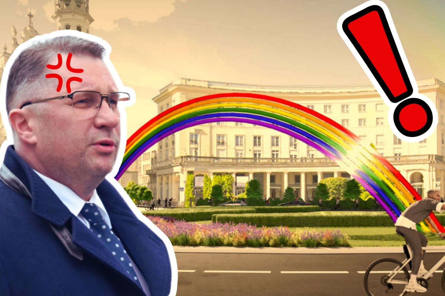 Tęcza wraca na Plac Zbawiciela. Czarnek grzmi, Berkowicz nakłania do podpalenia Wizualizacja tęczy na Placu Zbawiciela, Przemysław Czarnek oraz wykrzyknik. Tęcza wraca na Plac Zbawiciela. Prawica oburzona na "Łuk LGBT+"