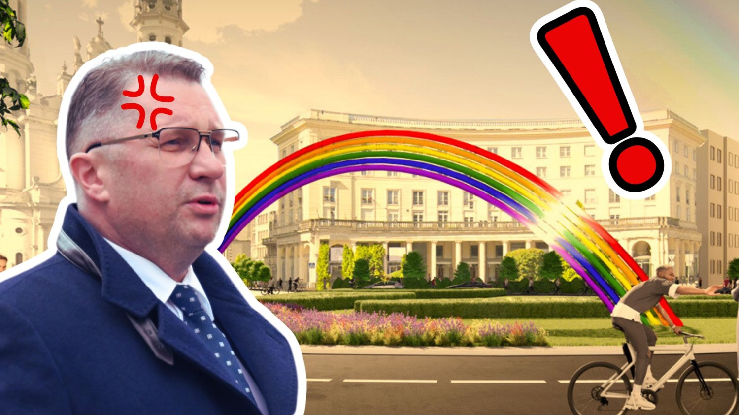 Wizualizacja tęczy na Placu Zbawiciela, Przemysław Czarnek oraz wykrzyknik. Tęcza wraca na Plac Zbawiciela. Prawica oburzona na "Łuk LGBT+"