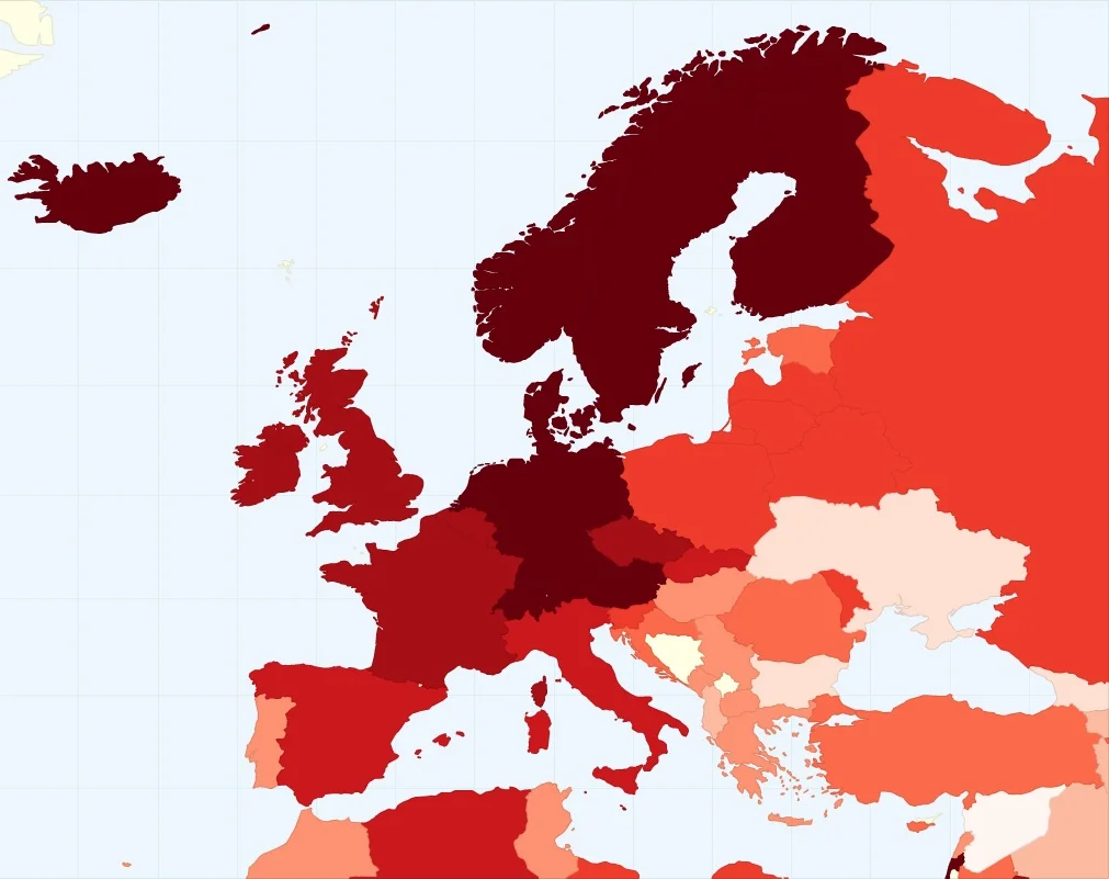 Mapa szczęścia w Europie. Im ciemniejszy kolor tym wyższe zadowolenie.