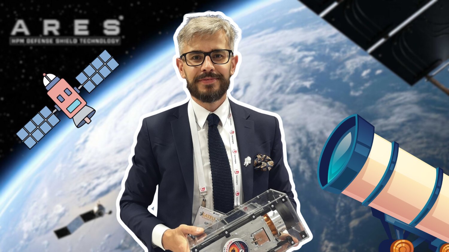 Prezes ARES Shield AI. W tle kosmos i satelita. Z prawej strony teleskop.