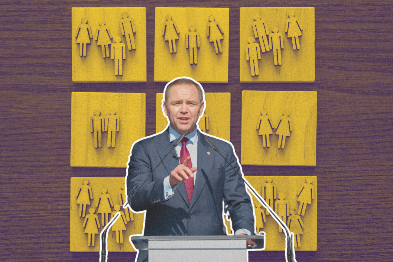 Karol Nawrocki na tle symbolicznego przedstawienia demografii.