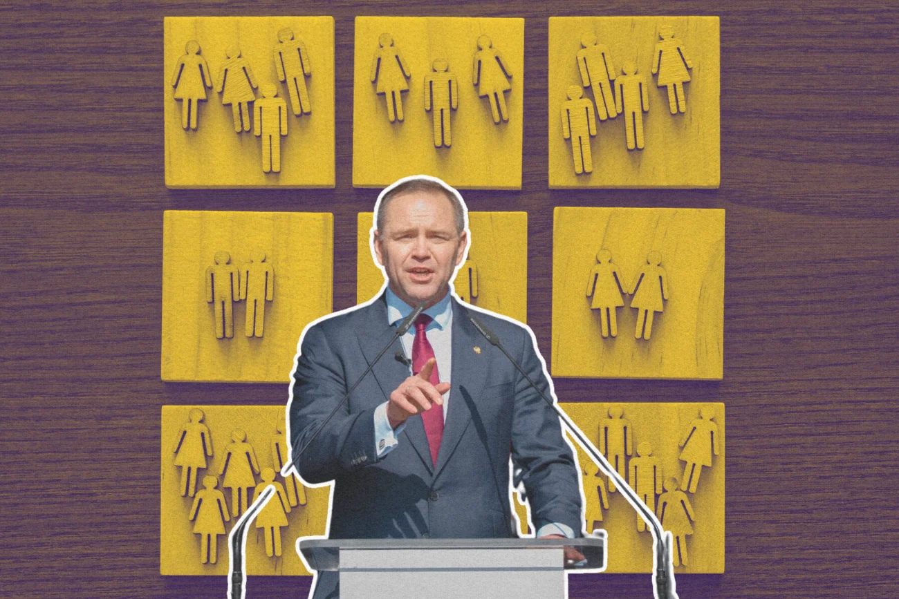 Karol Nawrocki na tle symbolicznego przedstawienia demografii.