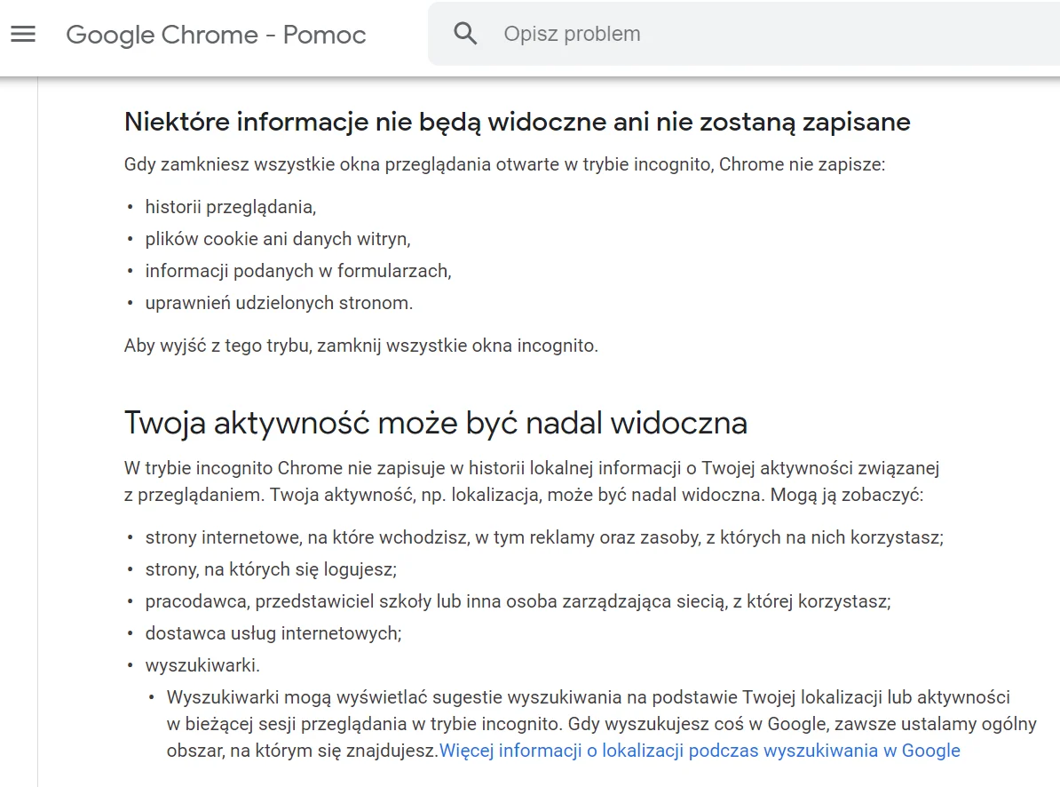 Screen ekranu z zakładki pomocy przeglądarki