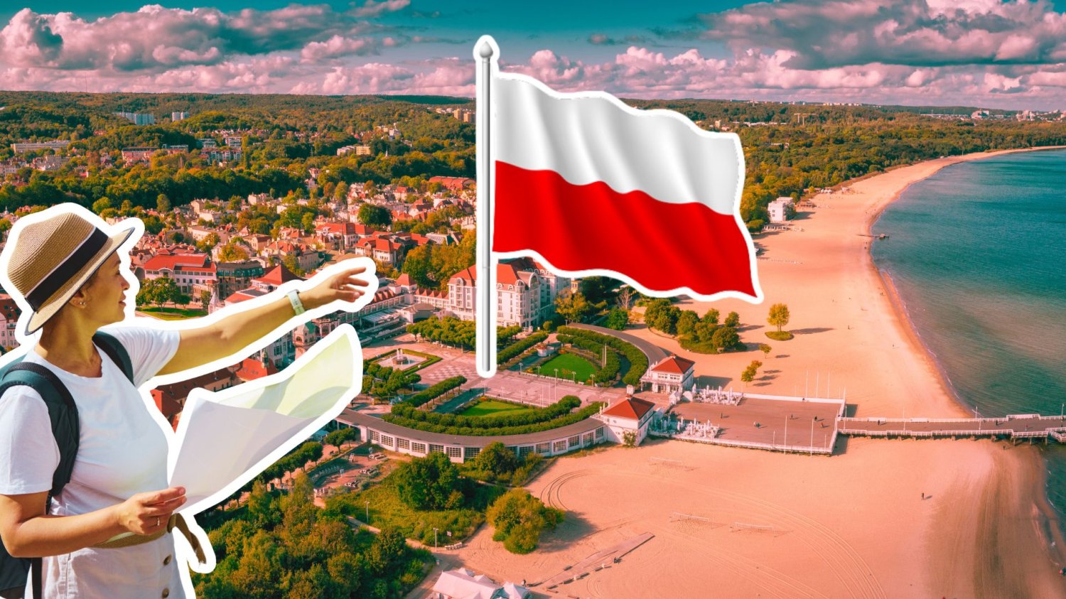 Panorama Sopotu, turystka z mapą i polska flaga. Polski kurort wśród europejskich pereł. "The Independent" zachwycony Sopotem