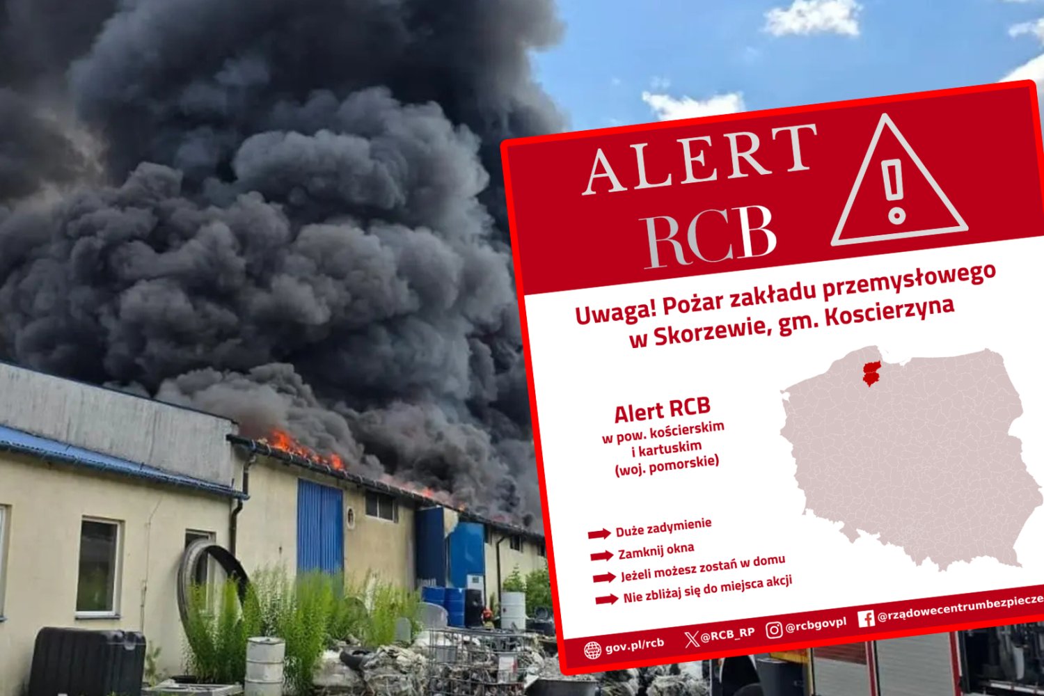 Ogromny pożar hali produkcyjnej na Pomorzu. Wydano pilny alert RCB dla mieszkańców Pożar pod Kościerzyną. Alert RCB dla mieszkańców okolic.