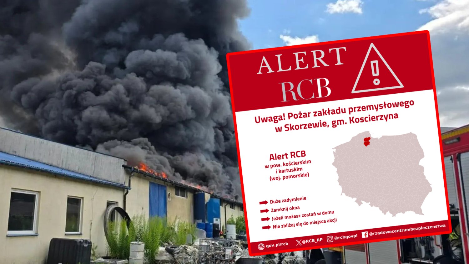 Ogromny pożar hali produkcyjnej na Pomorzu. Wydano pilny alert RCB dla mieszkańców Pożar pod Kościerzyną. Alert RCB dla mieszkańców okolic.