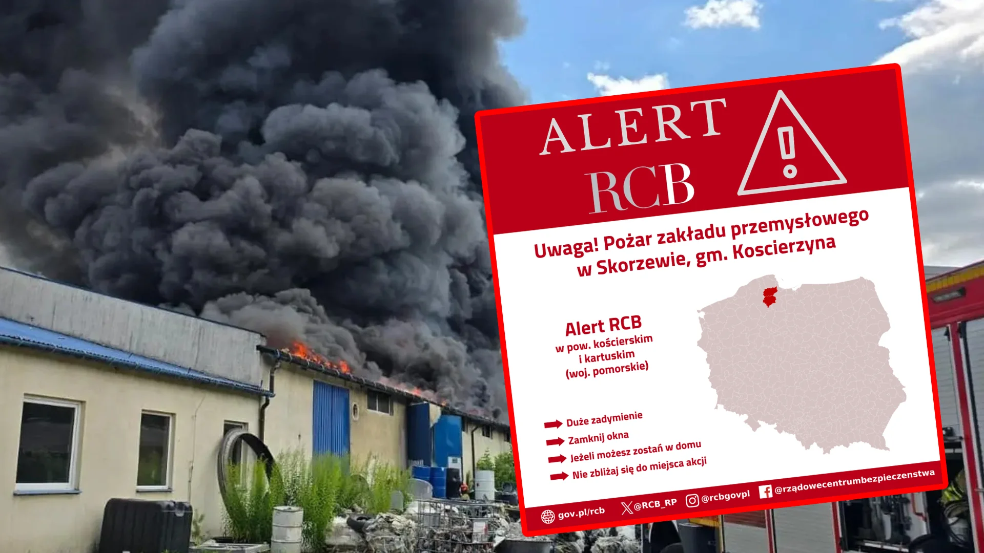 Ogromny pożar hali produkcyjnej na Pomorzu. Wydano pilny alert RCB dla mieszkańców