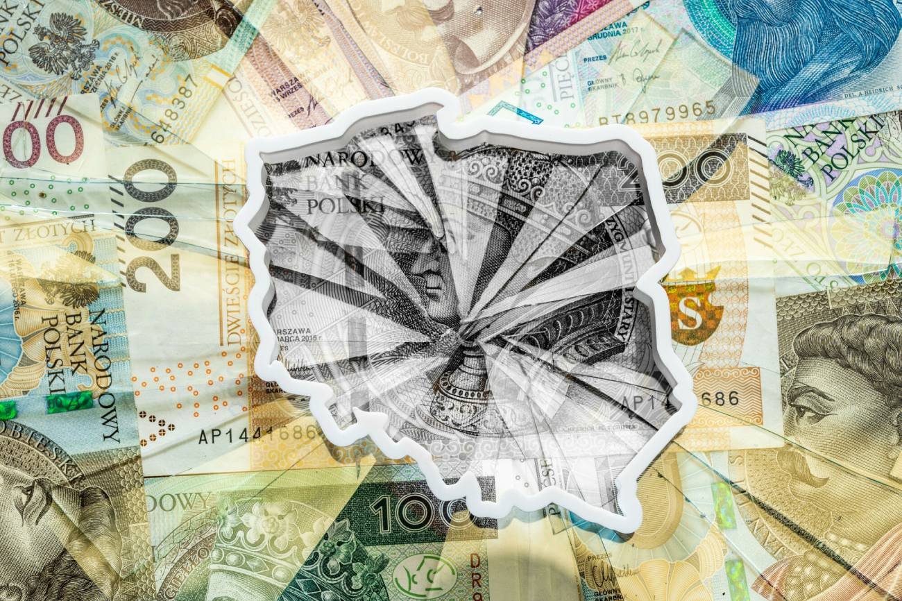 Kontur Polski na tle pieniędzy.