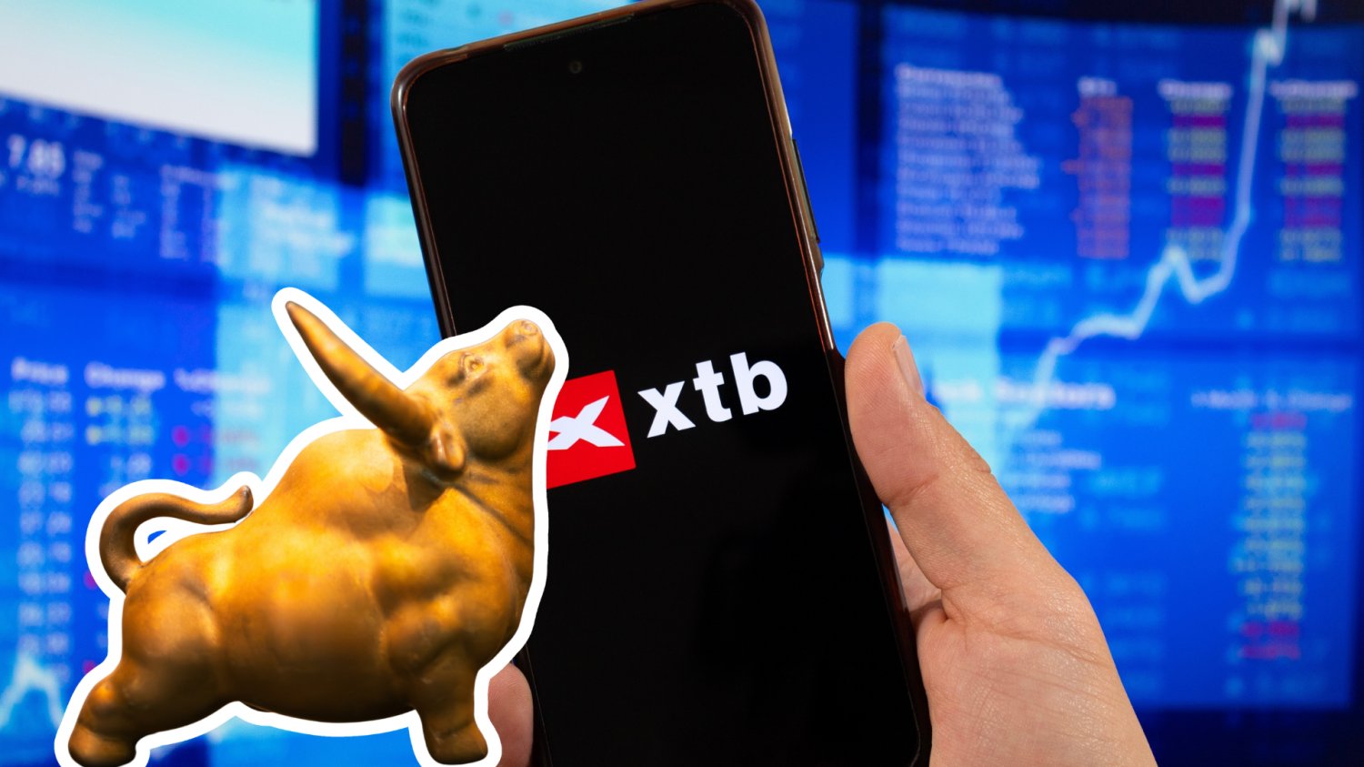 Akcje XTB inwestycyjnym strzałem w dziesiątkę. Inwestorzy docenili kłótliwość spółki Logo XTB na telefonie. Złoty byk - symbol wzrostów.