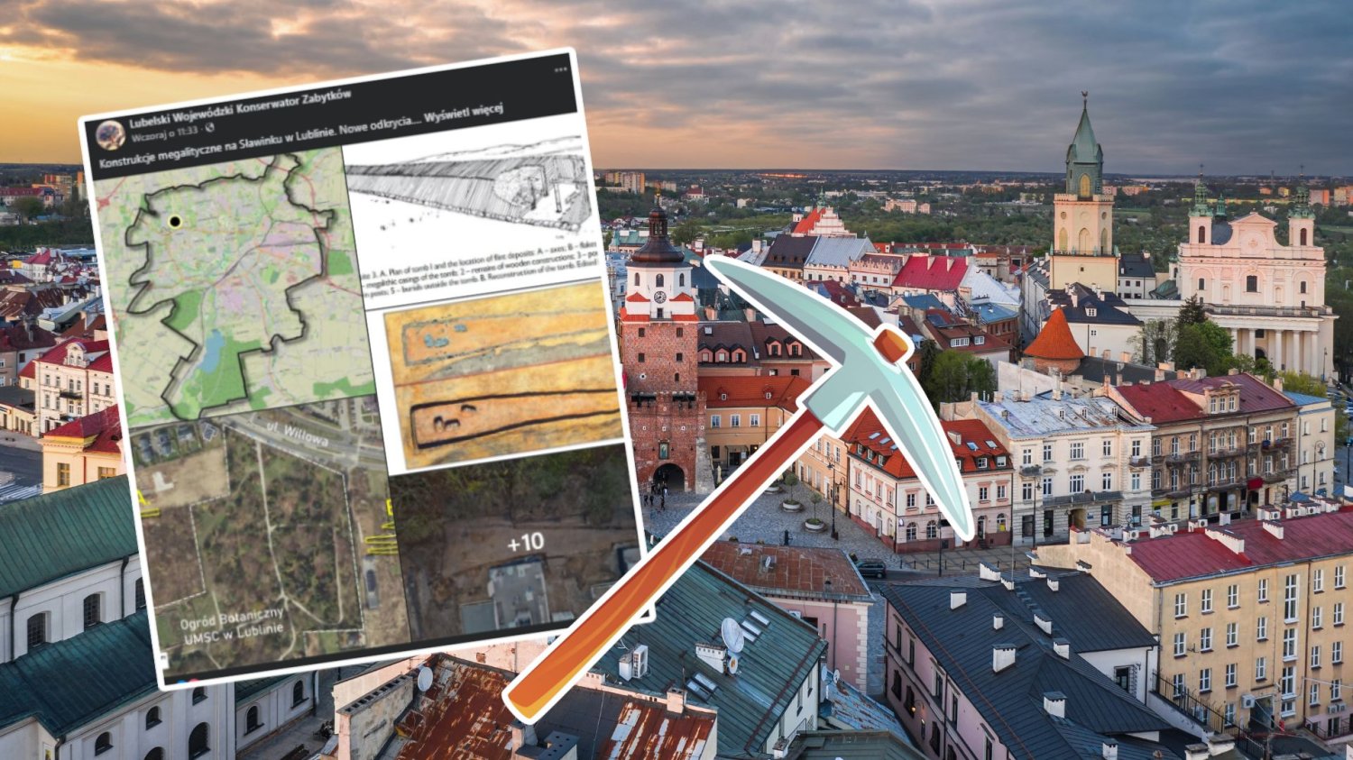 Post Lubelskiego Wojewódzkiego Konserwatora Zabytków, młotek archeologiczny na tle panoramy miasta Lublin.