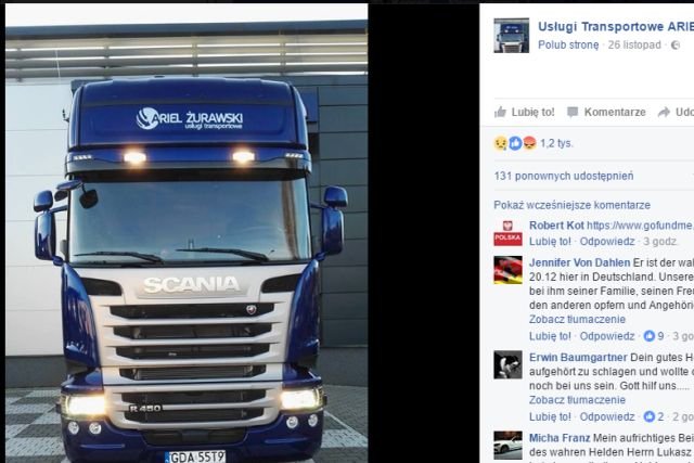 Zrzut ze strony firmy transoprtowej, której ciężarówkę porwano w Niemczech