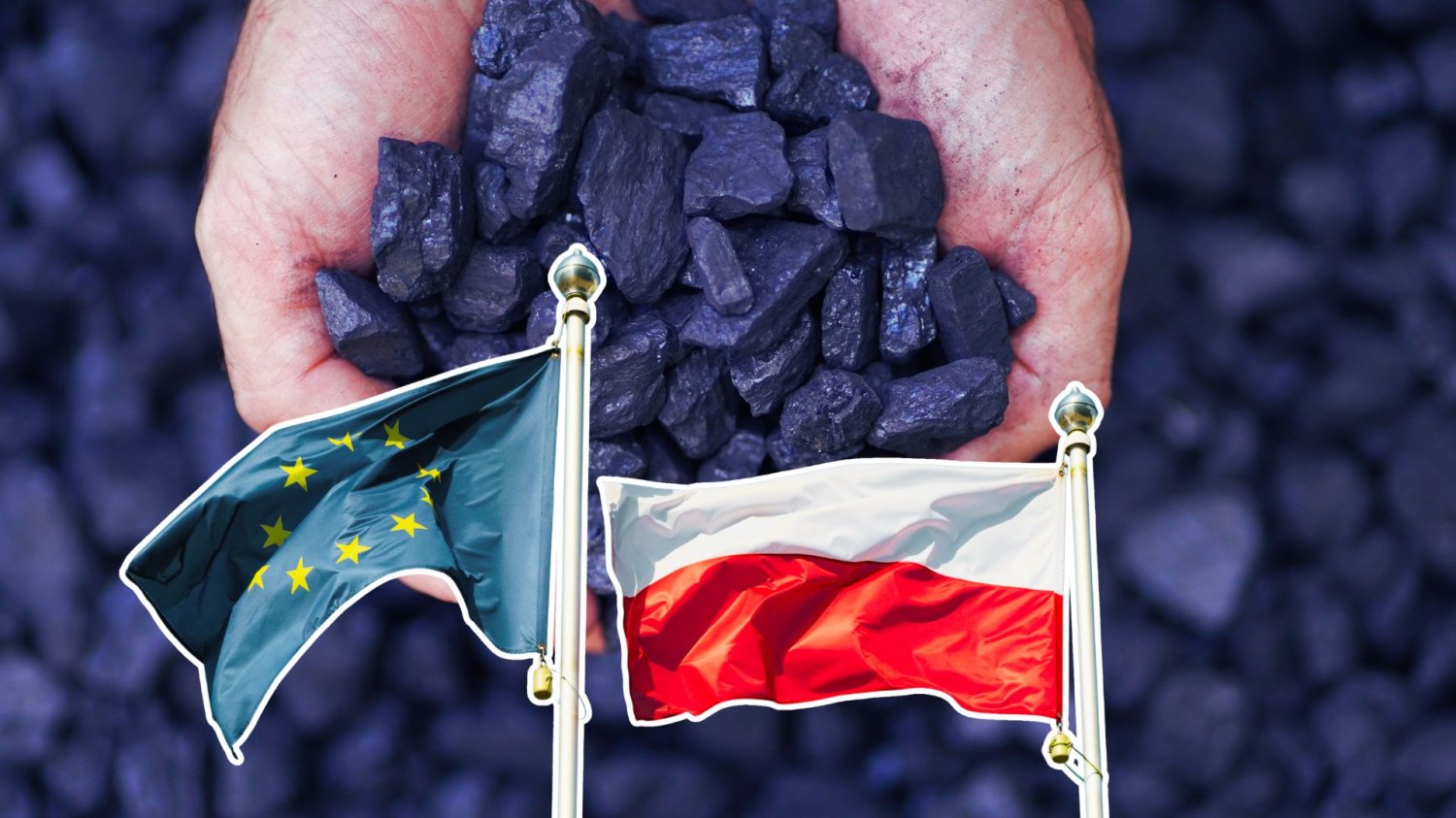 Spółki węglowe chcą prostszych przepisów. Górniczy giganci wołają o ratunek Ręce trzymające węgiel, flaga UE i Polski. Górnicze spółki chcą uproszczenia przepisów. Branża woła o ratunek