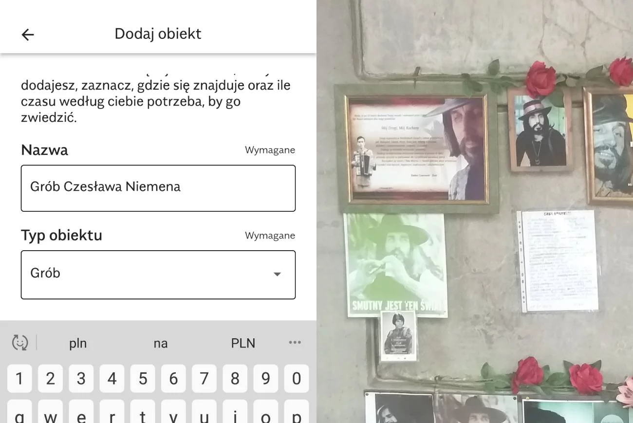 Ekran z aplikacji MonumentApp i grób Czesława Niemena.