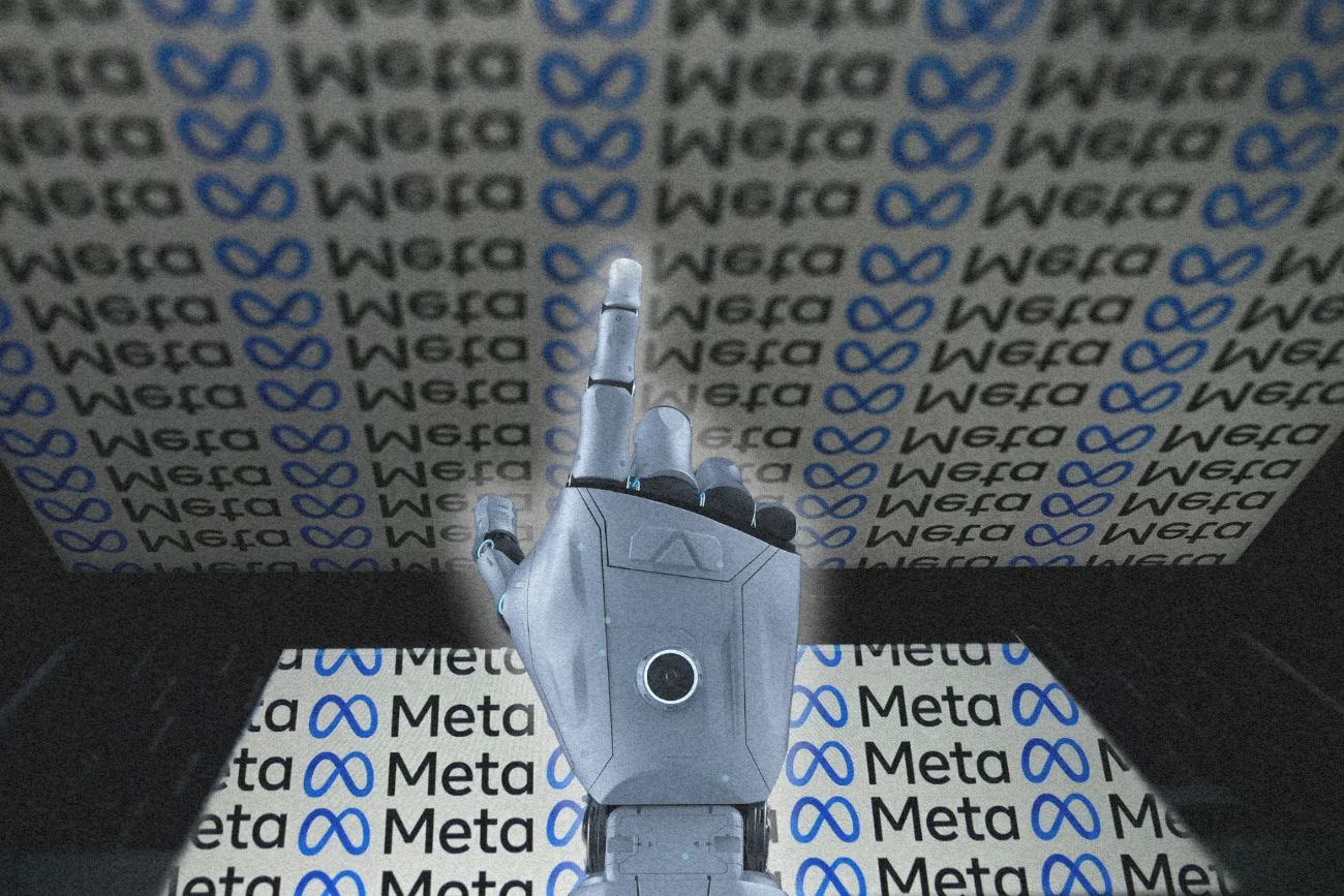 Ręka robota i logo Mety.