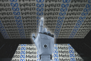 Ręka robota i logo Mety.