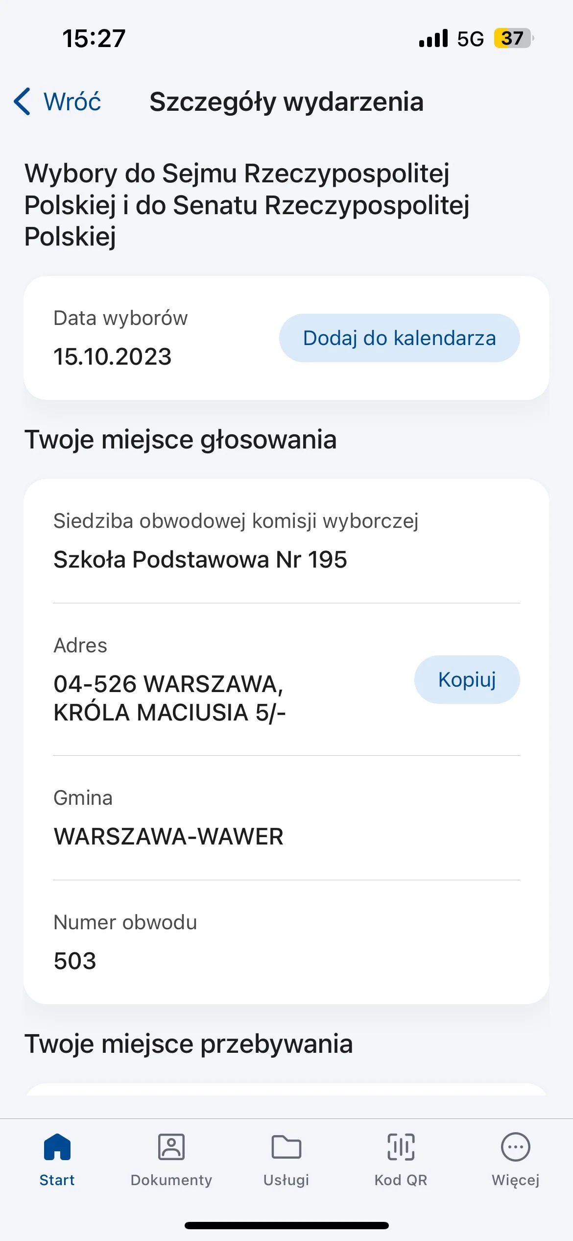 Screen z apliakcji mObywatel po dokonaniu sprawdzenia właściwej komisji wyborczej oraz naniesieniu zmian co do preferencji uzytkownika