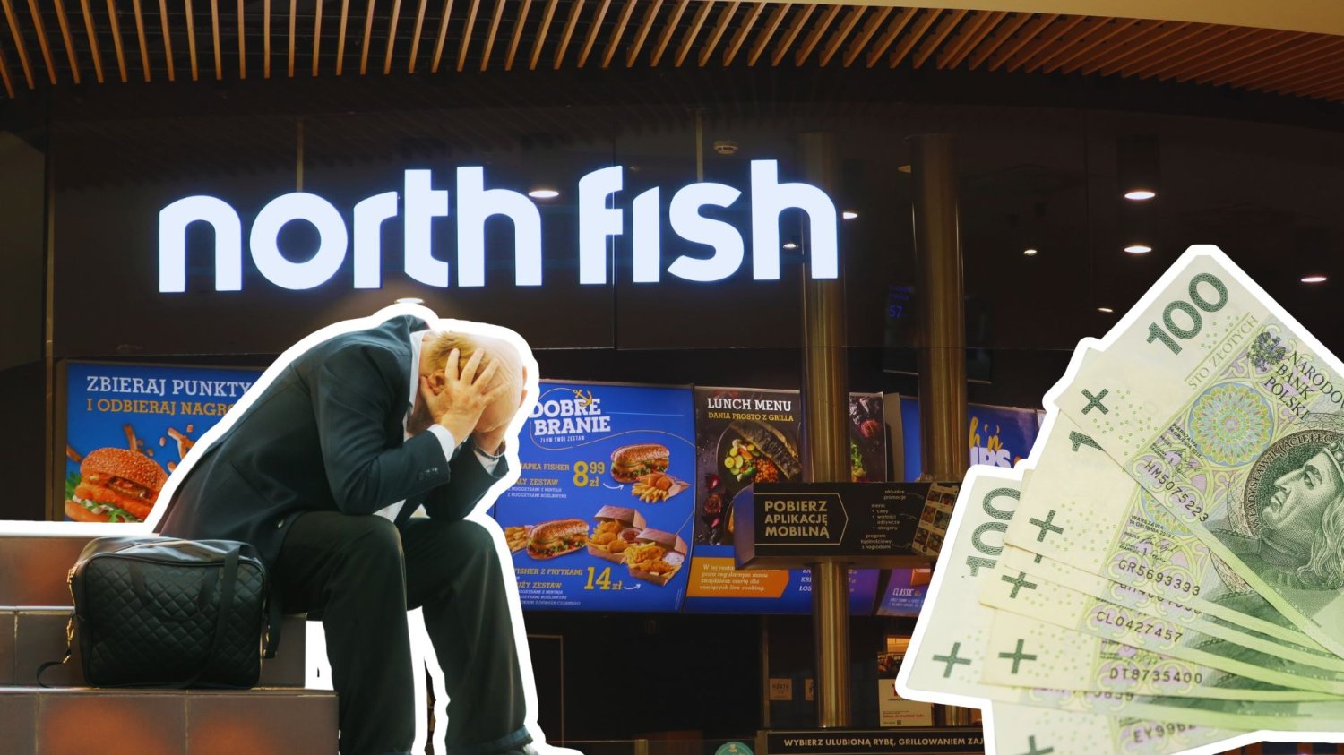 Restauracja North Fish, załamany człowiek w garniturze i banknoty polskie. Ponad 160 pracowników zwolnionych w North Fish. Słynna sieć upada z hukiem